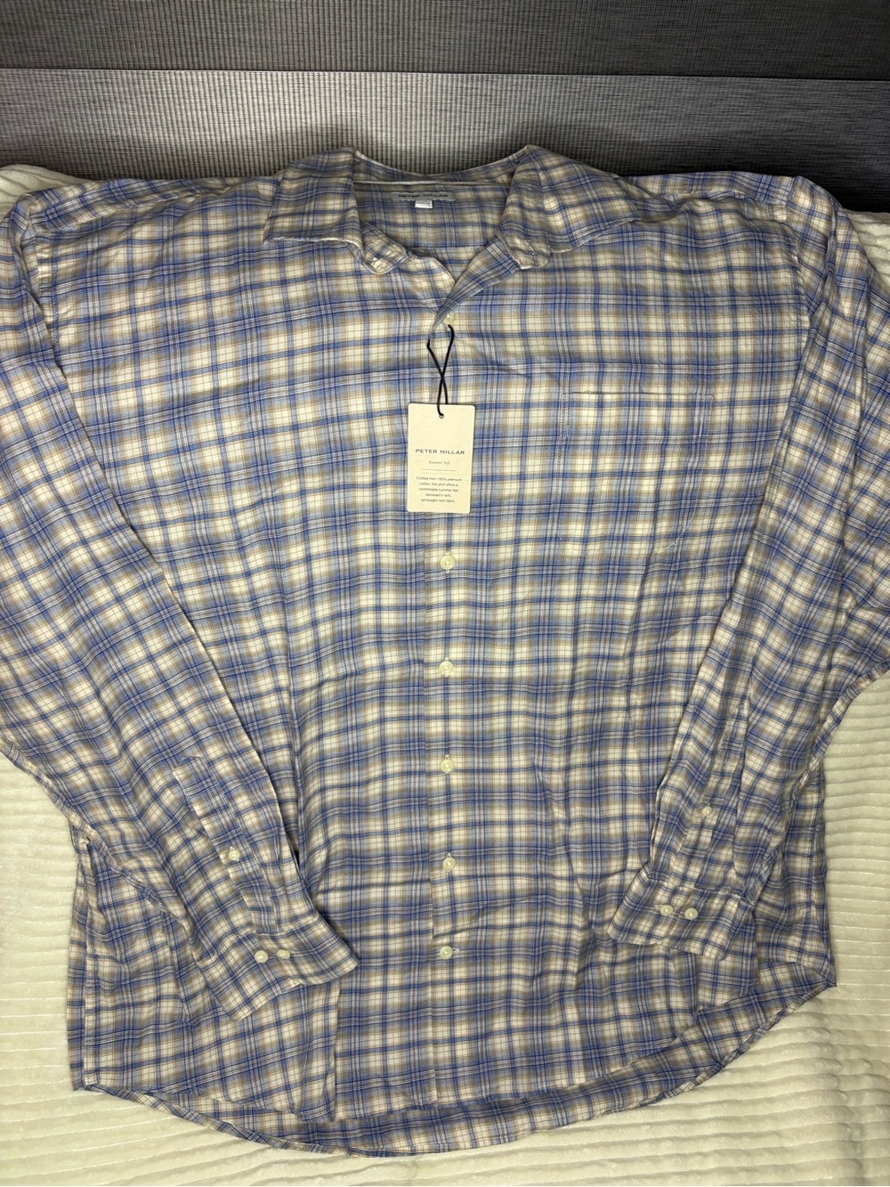 Peter Millar Summer Soft Shirt Men XXL NWT Blue Plaid Long Sleeve Button Up